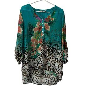 Soft Surroundings Size PL Floral Top Tunic Aqua High‎ Low Hem Button Tab Sleeves